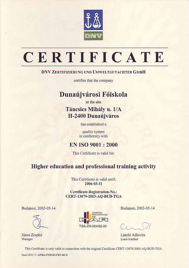 多瑙新城大学ISO质量认证证书